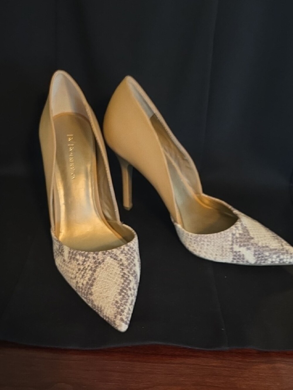 Women's Taupe Pointed Toe Heels with Snake-Print Accent